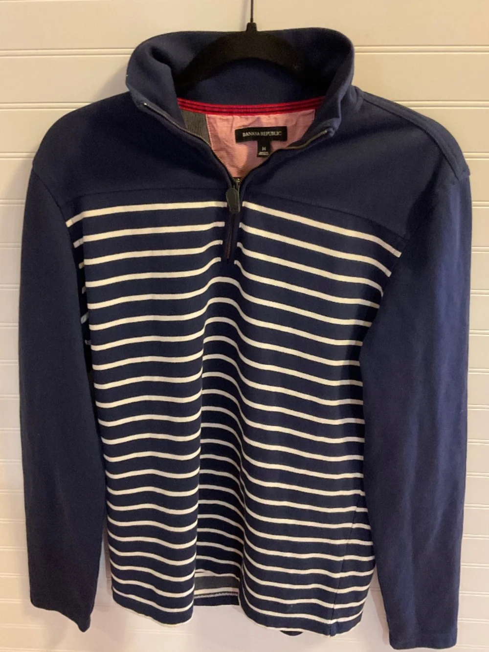 Banana Republic Men’s M Navy Cream Striped Quarter Zip Pullover Preppy